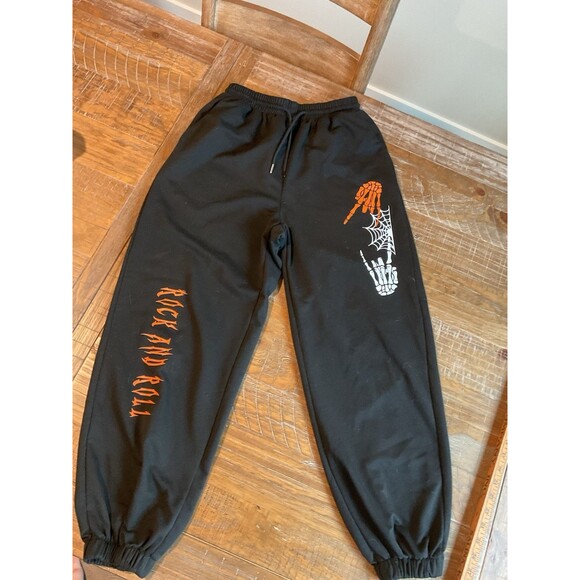 Women’s Black Sweatpants Small Halloween Skull Orange - Picture 1 of 6